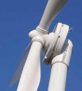 EWT's direct drive wind turbine needs no gearbox or speed increaser. The large disc is the generator.