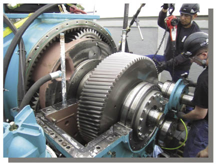 Workers put the finishing touches on a high-speed helical gear. Moventas’ Macik says crews can repair high speed and intermediate speed assemblies and bearings, and even the planetary’s sun pinion.