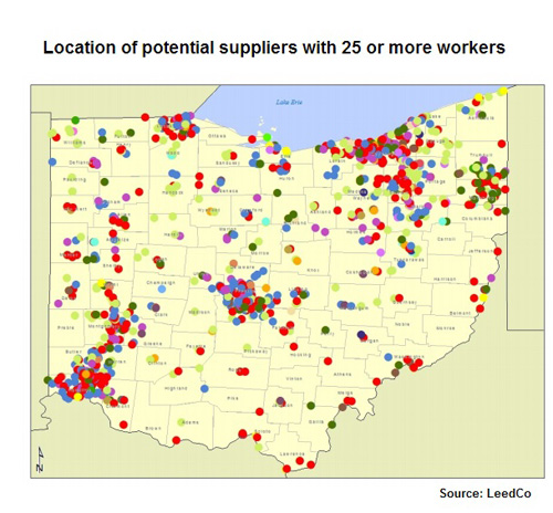 The Ohio map shows locations of companies that could contribute to a growing offshore wind industry in the Great Lakes.