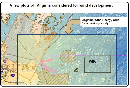 The plots are for several areas off the Virginia coast that could be developed to harvest wind energy. Most attention so far is focused on the WEA, the rectangle in the lower right of the image. Virginia and North Carolina are visible to the lower left. Source: Fugro Consultants