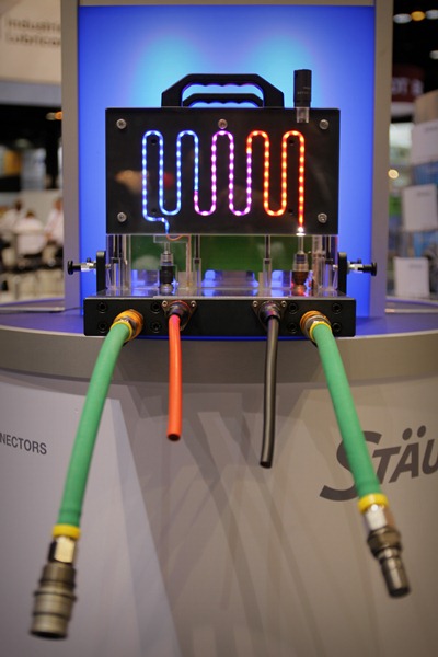 Staubli makes quick-disconnect products for a variety of industries. This system is specifically for liquid-cooled thermal managements applications.