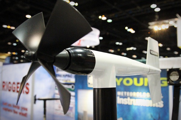 R.M. Young’s wind monitor measures wind speed and direction up to 100 m/sec. At a 10-foot altitude, the monitor indicated changing wind direction within McCormick Place. 