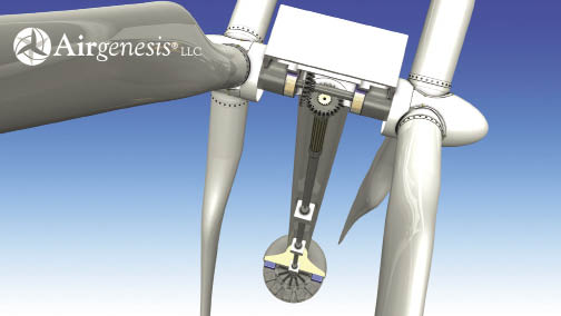 The Airgenesis uses two 100-m diameter rotors turning in the same direction and mounted on a 76-m tall tower with a 10.3-m diameter base. Planetary gear sets increase the rotor speed (15 to 20.6 rpm max) and a right-angle drive will send power down-tower by a steel shaft at 240 to 258 rpm max. Twelve generators at the base will come online as wind permits. The blue boxes are 500-kW generators and the others, 1 MW units.