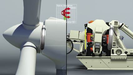 The exposed main-shaft bearing on a wind turbine (left) shows its location. Schaeffler’s large bearing test rig (right) shows the silver bearing in test position.