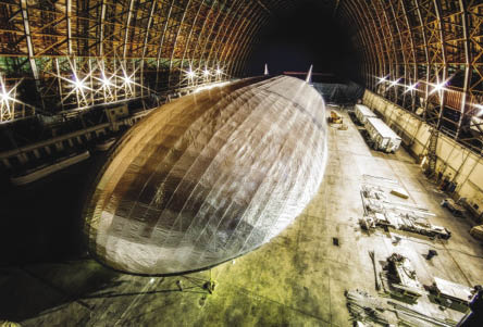 A prototype Aeroscraft is under development in a California hanger. The actual aircraft will be almost twice as long and capable of carrying a 66-ton payload.