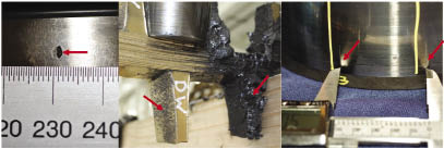 Take a closer look at three common wind turbine drive train bearing failures. (Left) This initial macropit and debris damage is on a tapered roller bearing. (Middle) A main-bearing cage shows imbedded debris (arrow) and blackened grease. And, a cylindrical roller bearing shows assembly damage at the roller spacing.