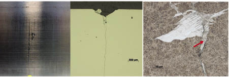 The images come from a metallurgical examination of an axial crack in a bearing inner ring. (Left) The axial crack as it appears on the surface. (Middle) A metallurgical microscope image is of the sectioned bearing. And, an SEM image shows an irregular white etching area formation which has produced a micro-crack (arrow) that lead to the formation of the axial crack.