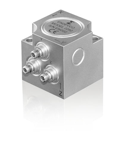 Endevco model 2280, a hermetically sealed, triaxial, piezoelectric charge output accelerometer with high-temperature operation to +482 degrees C