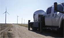 One of John Schroeder’s radar trucks based at Texas Tech University is set up for single Doppler scan at a Texas wind farm. A single radar can generate 2D information. Two trucks working as a dual Doppler system are capable of 3D measurements