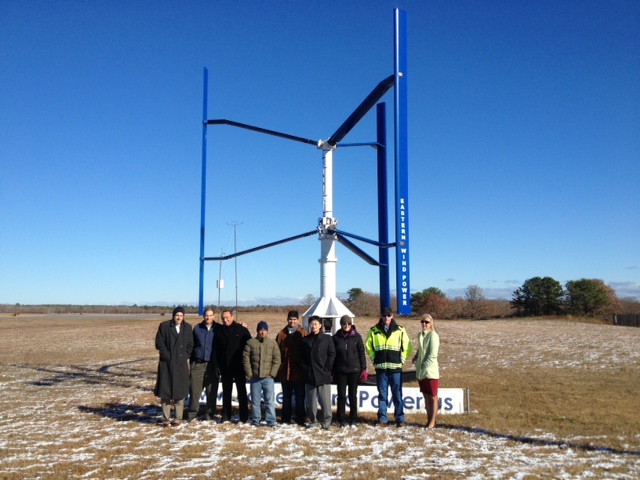 Siemens and Eastern Wind Power, a green energy design and development firm based in Cambridge, Mass., invited myself and several other reporters to The Vineyard to see a 50-kW vertical-axis wind turbine (VAWT). Eastern Wind Power designed the turbine, while Siemens provided the inverter. The turbine's name is Sky Farm. Here, employees of Siemens and Eastern Wind Power stand with their production model.