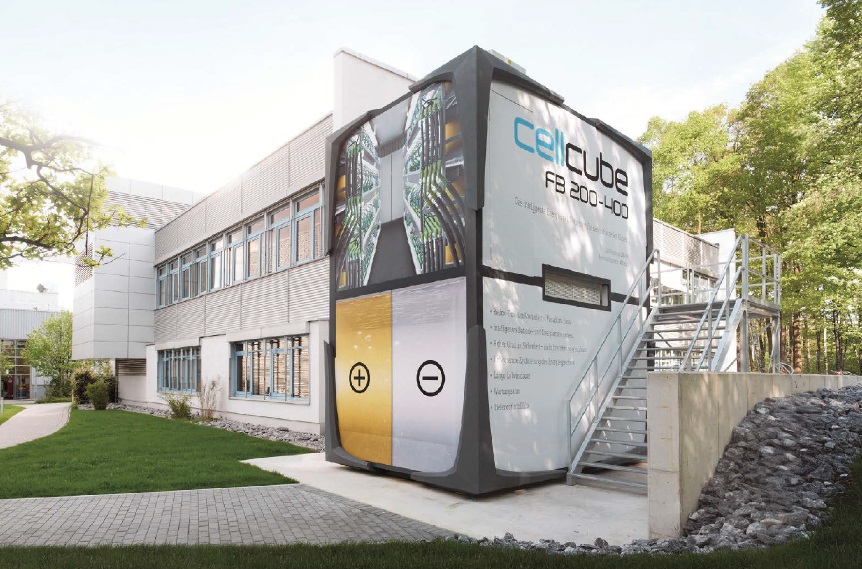 Gildemeister says its vanadium redox flow batteries can be configured with an output of 10 to 200 kW and a scaleable capacity. The CellCube 200-400 can deliver 200 kW with a 400 kWh capacity. This one is in Bielefeld, Germany. 