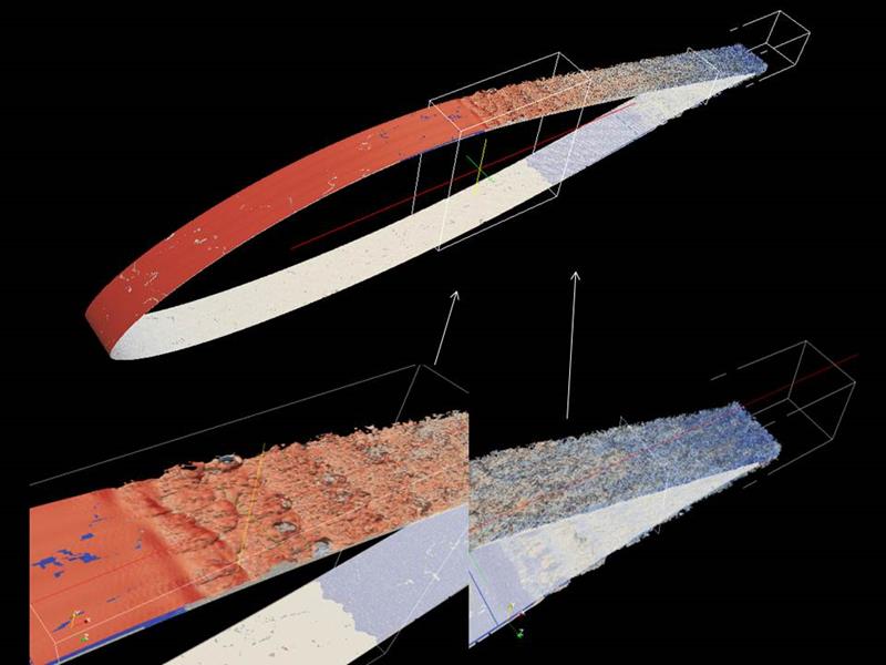 Transition of flow to turbulence on a wind-turbine airfoil Displayed are isosurfaces of vorticity from a Large Eddy Simulation (LES).