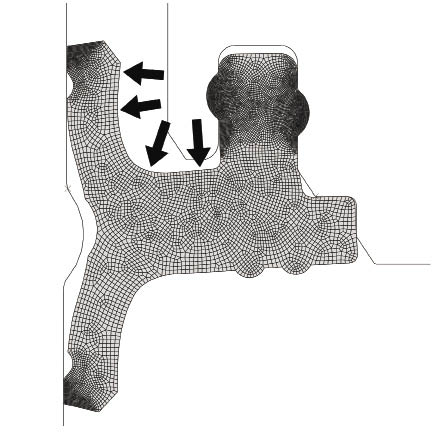 Because the gasket is symmetrical and homogenous, it is feasible to run a small FEA meshed model of the cross section with uniform pressure loading (arrows)
