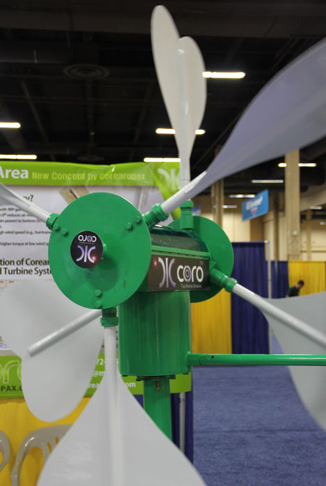 CoreaRopax displayed this unique turbine design for urban areas. The heart-shaped rotating blades receive maximum wind because they tilt to a 90 degree angle to the wind direction. The blade then returns to 0 degrees, minimizing air resistance.
