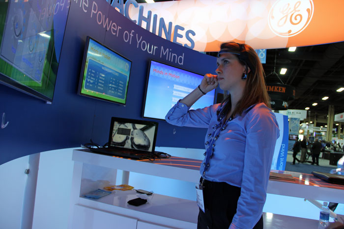 Windpower Engineering and Development sales manager Courtney Seel proved that brain activity continues days into a tradeshow at the GE booth. The company developed a game that measures brain waves to help relate its news about plant-level management tools. Using Industrial Internet and turbine-to-turbine communications capabilities, GE’s new software allows the turbines within a wind farm to act as a cohesive unit, rather than individual assets.