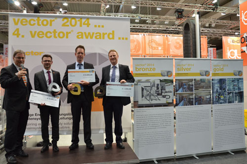 The winners of the 2014 vector awards were honored at the Hannover Messe Trade Fair. (Left to right: Harald Nehrin; igus Gmbh, Dieter Bencer; igus Austria, FronTone Australia representative, Dr. Tobias Bruckmann; University of Duisburg-Essen, Norbert Muche; Otto Bihler Maschinenfabrik GmbH.