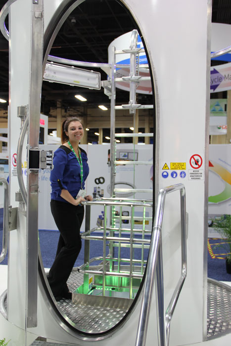 Windpower Engineering and Development's social media coordinator Heather Centorbi stepped inside an internal kit manufactured by Proinlosa Energy Corp. The company produces items such as ladders, safety cables, emergency lights, hardware, and access doors.