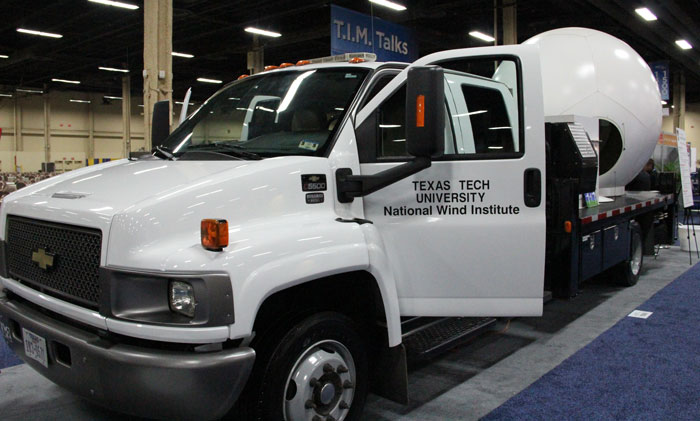 The dome at the rear of this truck houses a Ka-band radar that is used to map wake effects and wind flows at wind farms. Led by research professor Jerry Guynes, Texas Tech University custom developed this experimental technology, which is based on meteorological radar for tornadoes and hurricanes.