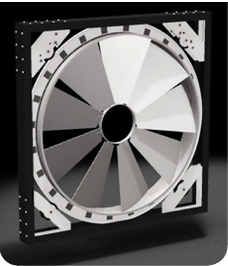 The CAD model shows a completed Cube wind turbine. the blades are supported by inner and outer rings. An out rim rides on wheels mounted in the corner braces. Generator components, such as permanent magnets, also ride on the OD sections. Six-ft. units are expected to generate about 40W in 10 mph wind and up to 5 kW at 60 mph.