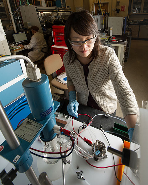 NREL Scientist Chunmei Ban spends a lot of time in the electrochemical storage lab working to improve lithium-ion batteries with nanomaterials.