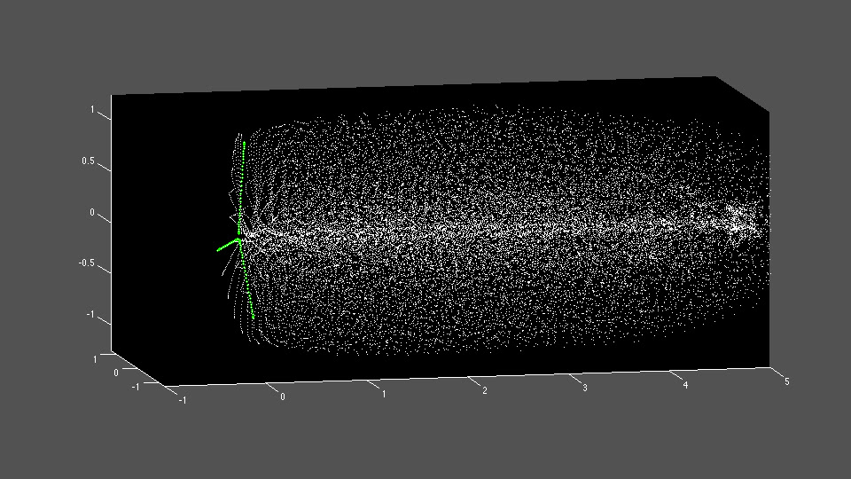 The image displays a flow visualization of the particle-seeded flow through the 1 meter diameter fan with flow straighteners.