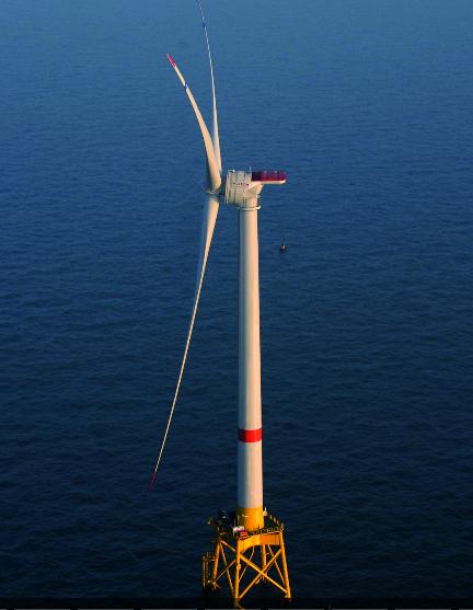 The agreement aims at developing and then commercializing an integrated system for a semi-submersible floating wind turbine delivering 6 MW. Pictures is Alston's 6 MW Halide offshore but not floating.