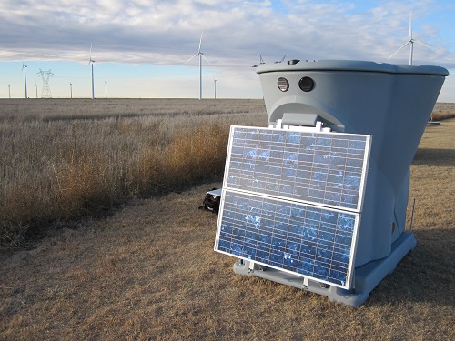 Remote sensing units, such as the Triton SoDAR, collect wind speed and direction data on wind farms with the advantage of being mobile. This unit runs on batteries that recharge from the solar panel, and it collects wind data up to and above hub height.