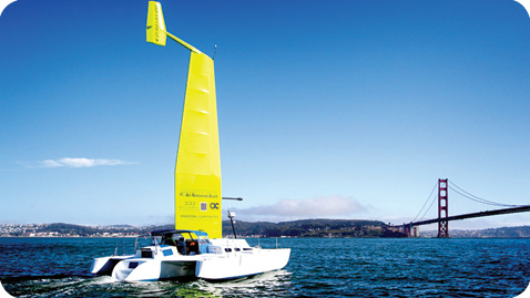 The catamaran, a technology demonstrator, tests the Wind+Wing Technologies' wing sails in San Francisco Bay. 