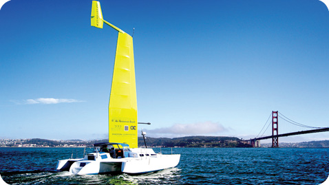 The catamaran, a technology demonstrator, tests the Wind+Wing Technologies' wing sails in San Francisco Bay.