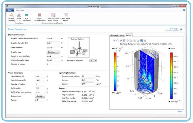 The software allows building a solution as unique as the model: Turbulent mixer application, created using the Application Builder available in COMSOL Multiphysics 5.0. 