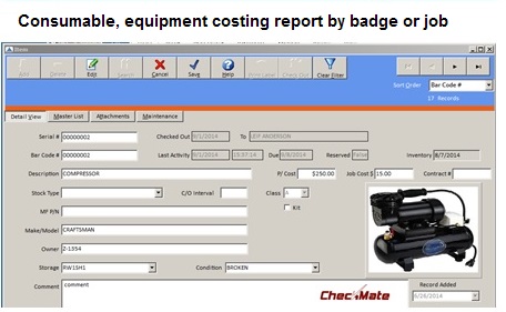 The software, CheckMate Tool & Equipment Tracking System, tracks who has a tool or equipment, where it is, and when it is due back.