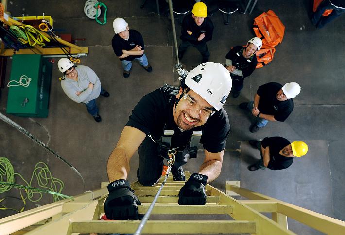 Industrial athletes, such as these in training iat Denver's Ecotech wind lab, will benefit from smarter clothes that can warn them of overheating and muscle strain, and more.