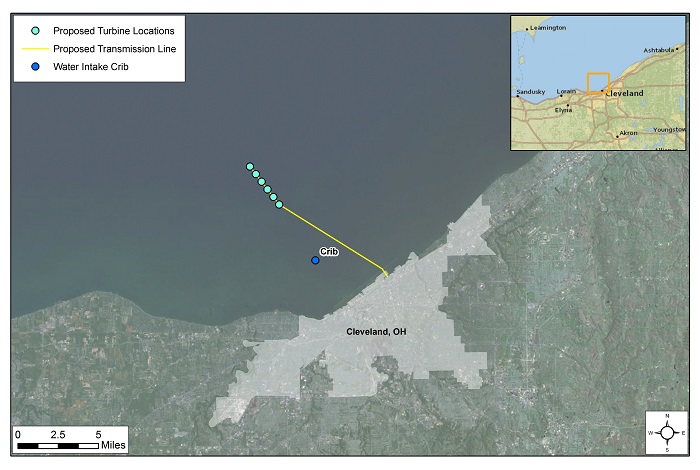 The map shows the selected locations for the six turbines of the Icebreaker project.
