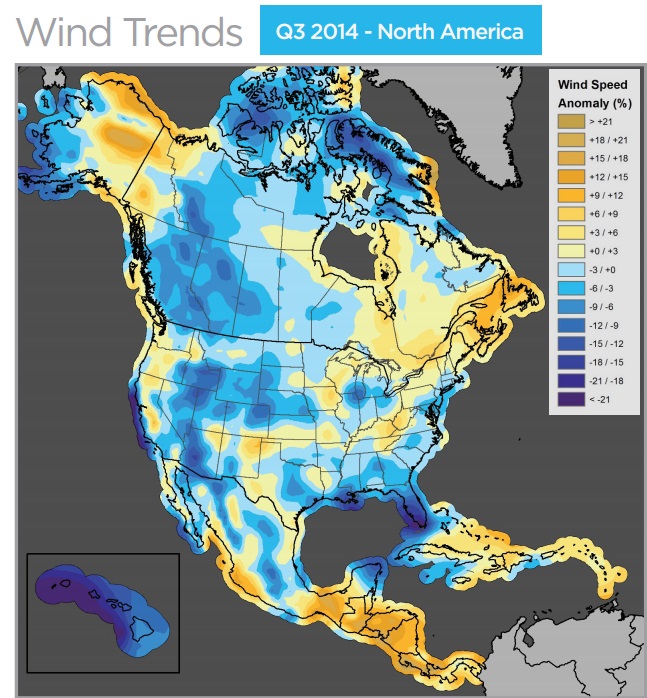 Wind speeds across most of the United States ended the quarter below normal, including the northern High Plains, Interior West, and Hawaii. 