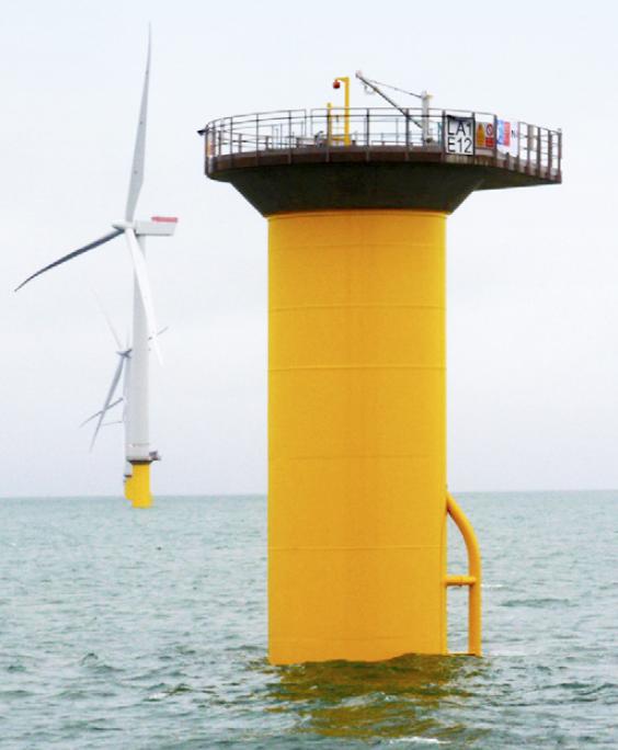 The conventional monopole awaits a turbine in the North Sea. The design has improved and adapted for manufacturing in the U.S. 