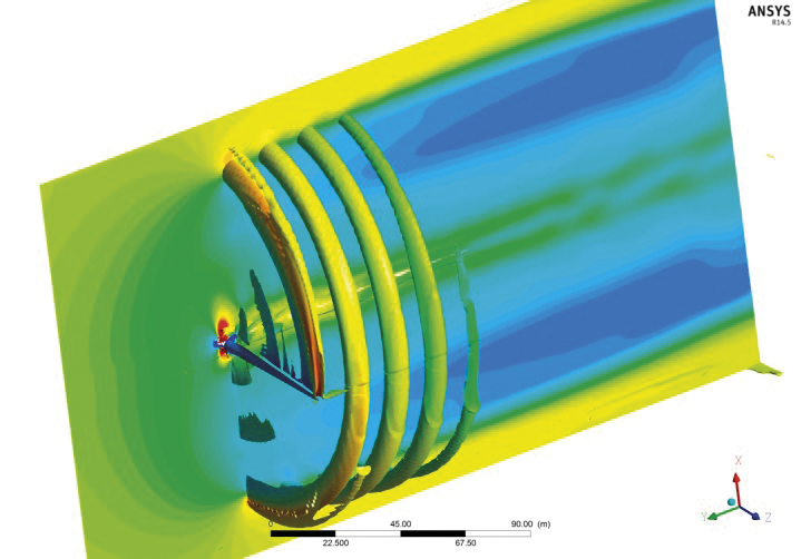 The spirals are the blade-tip vortex and the colors describe the velocity field near the rotor. 