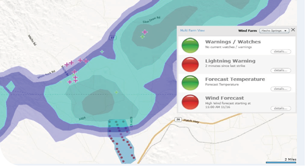 Indji Watch tracks a thunderstorm with lightning (strikes in pink crosses) as it nears a wind farm and turbines (red dots). The Indji Watch dashboard shows a Lightning Warning is in effect indicated by the red icon.