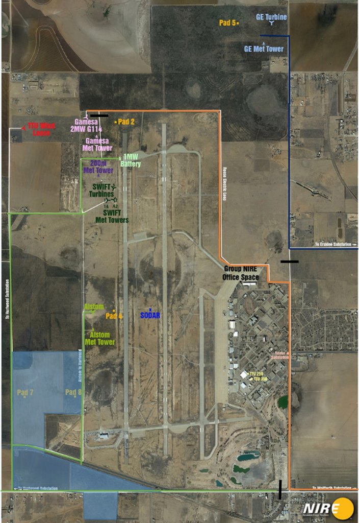 Group NIRE sits on a recycled Air Force base, now the Reece Technical Center. The location’s 8.2 m/s average wind make it ideal for testing wind turbines. Sandia’s Swift test center for wind farm research is located at the dark green type to the left of the runways.
