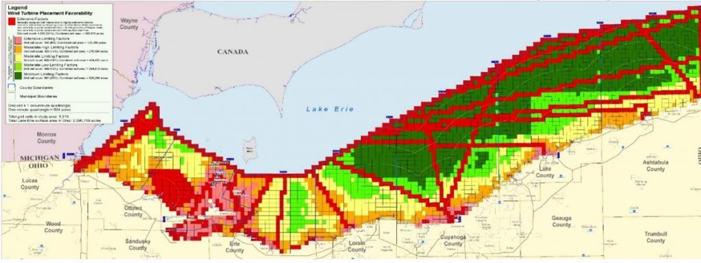 A few years ago the state of Ohio mapped each square mile of the lake for its development potential. Red areas are major obstacles, mostly shipping lanes and sensitive areas, wildlife zones, and fisheries. Green areas have no restrictions and many of those are at eastern end of the lake. 
