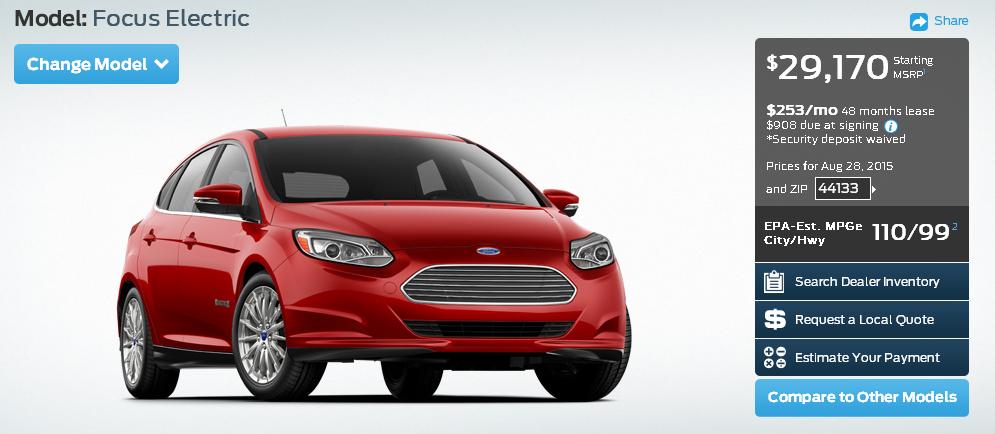 The Ford Focus EV starts at $29,170. When recharged by wind generated power, bring on the future. 