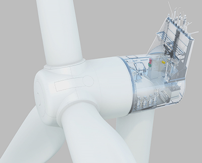 Siemens' Model SWT-3.0-113 wind turbine generates electricity in a permanent magnet generator arranged between hub and nacelle (transparent section shown here). Because the stator with the windings does not move during operation, while the cylinder-shaped rotor with its ring of permanent magnets rotates around it, the electromagnetic field remains inside the unit. Electrical systems such as the power electronics are encapsulated inside the unit as well.