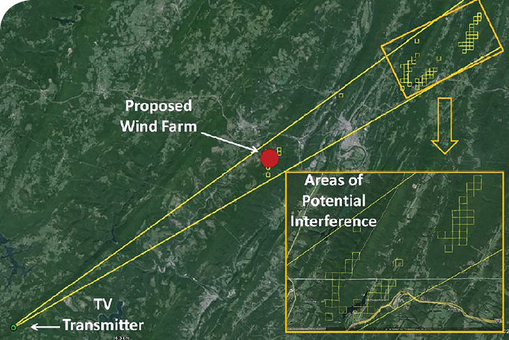 The yellow lines define an areas of potential interference to television signals. It is also one output of Marlowe’s software. The cells in the (inset) Area of potential Interference are where the simulated signal strength dropped from a pre-construction value above 60 dBμV (decibels above 1 microvolt/meter) to below 45 dBμV post construction.