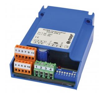 Targeted braking torque control is accomplished with the new ROBA-torqcontrol module. The device can be operated with 24V or 48Vdc, and can control brakes with the coil nominal voltage of 10A or 5A.
