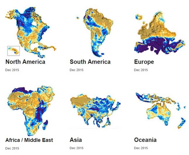 The monthly Wind Trends Bulletin for six continents is based on a custom combination of three reanalysis datasets: ERA-Interim, MERRA, and CFSR.