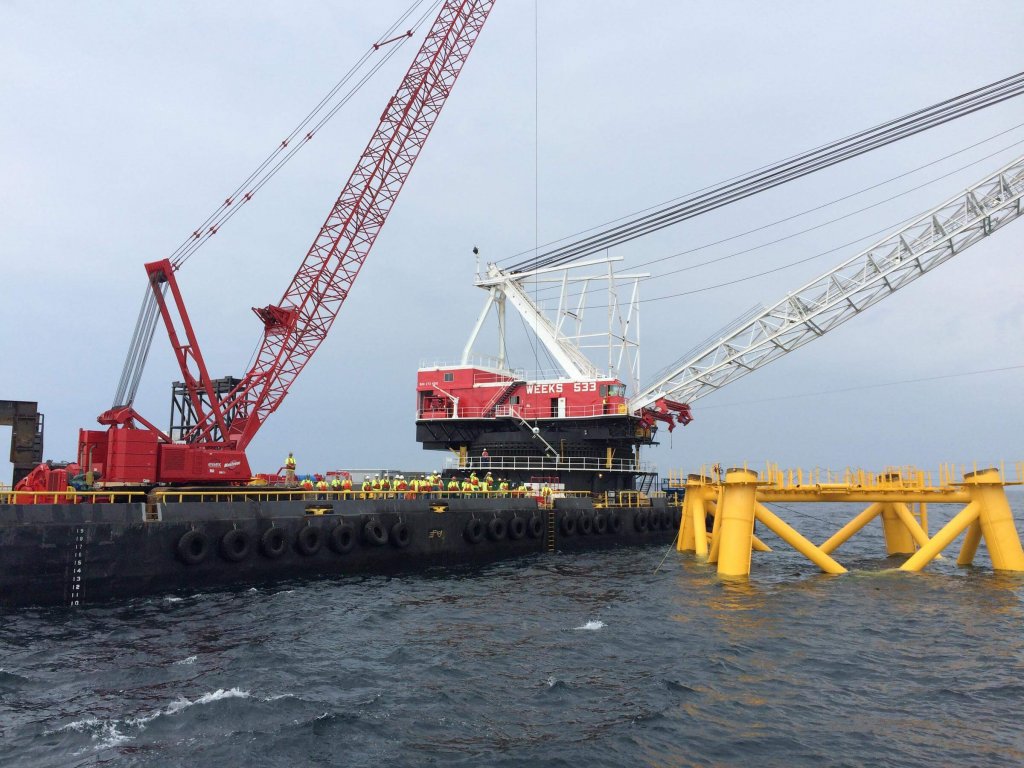 Crews install foundations for the Block Island wind farm. 