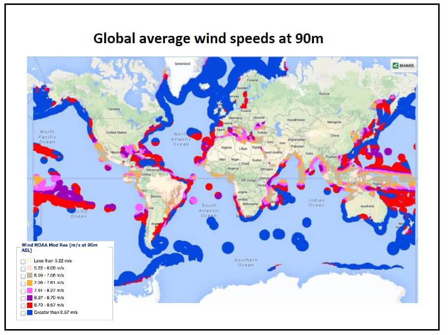 Global average wind speeds at 90m