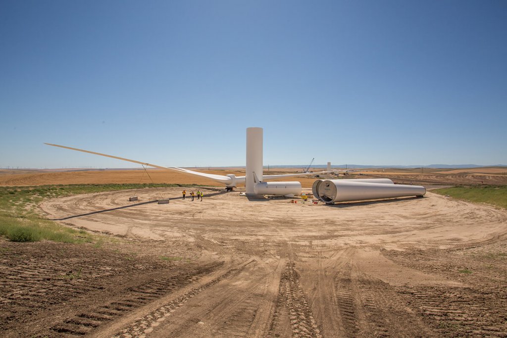 A tower and rotor are ready for assembly at the Tucannon River Wind Farm during construction in the summer of 2014. The wind farm was sited to avoid all wetlands and surface water, steep slopes, and other potentially fragile or hazardous terrain. 