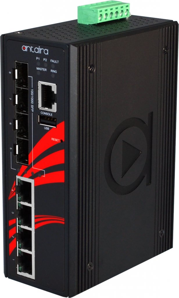 Antaira’s LMX-0804G-SFP" is a managed Gigabit Ethernet switch with four copper and four fiber ports.
