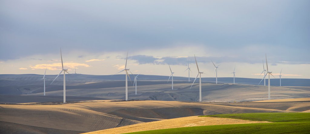 Portland General Electric’s Tucannon River Wind Farm, shown here, is the first energy project to receive an Institute for Sustainable Infrastructure (ISI) Envision sustainable infrastructure award in North America. Analysis shows that the wind farm will cut carbon dioxide emissions by 92% during its lifetime compared to a conventional power plant with the same capacity. It is located near Dayton, Washington.