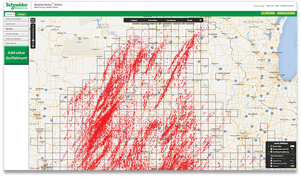 Mother nature has been busy. Each dot represents a lightning strike and location. Maps of this sort, overlaid on wind farms can guide maintenance crews to the turbine most likely hit. 
